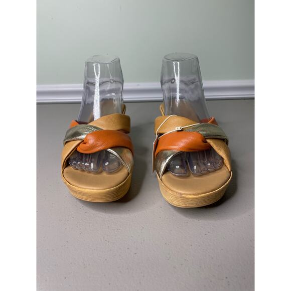 Mila Paoli Wedge Heel Sandal Slide Open Toe Genuine Leather Brown Tan Orange 6.5 - Picture 2 of 10